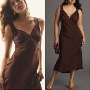 Reformation Provence Lace Trim Silk Cafe Brown Slip Maxi Dress Size 3X
